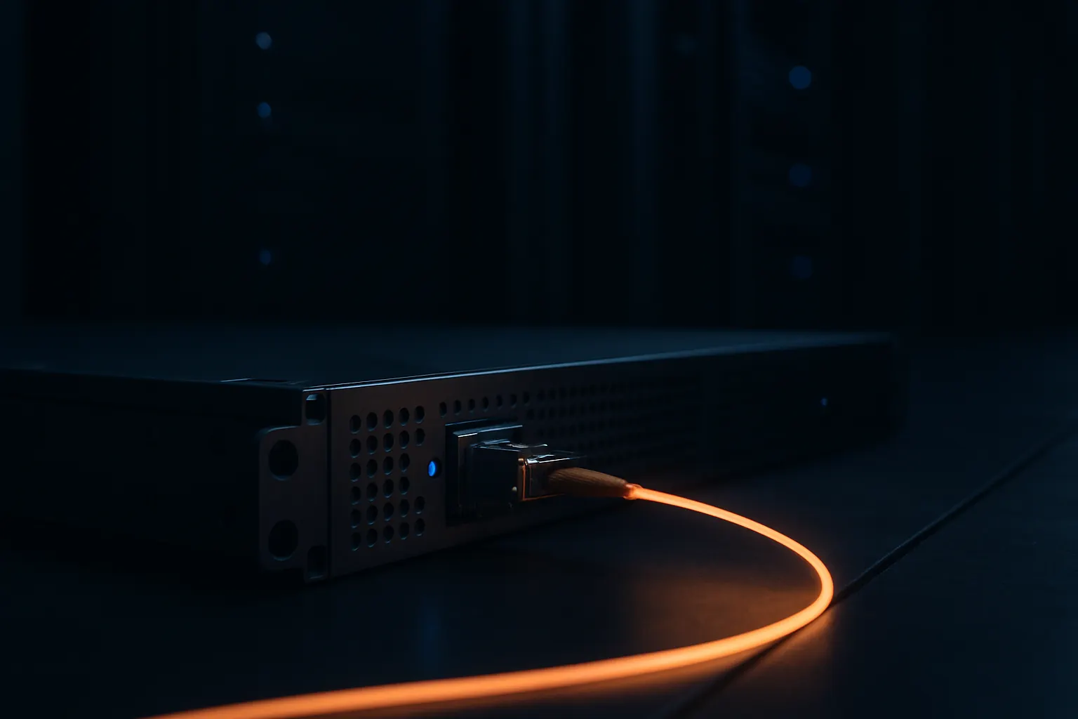 A rack server in a dark aisle with one fibre-optic cable leaving its network port