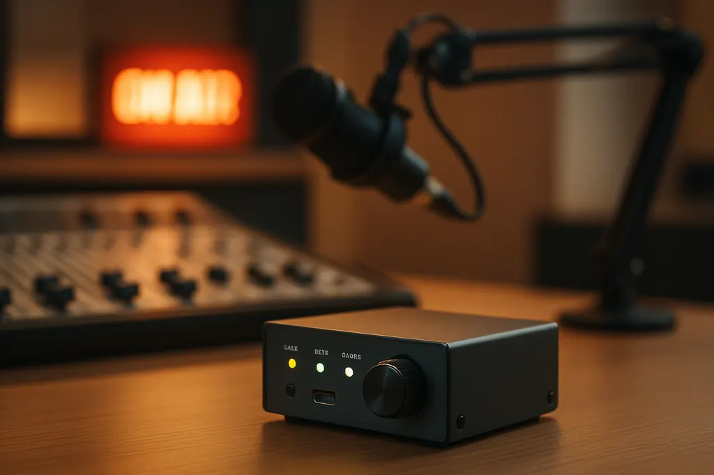 Ilustracja: kompaktowy enkoder na biurku w studiu radiowym obok konsoli mikserskiej i mikrofonu, z tyłu świeci lampka antenowa