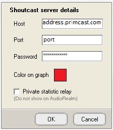 SamCast - Inserisci host, porta e password di streaming