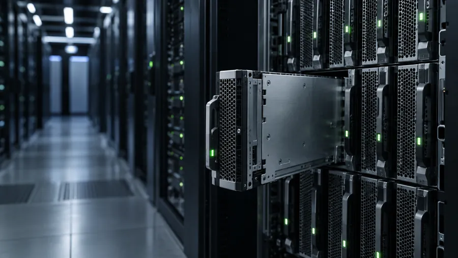 Una lama server estratta a metà dal suo chassis in un corridoio di un data center