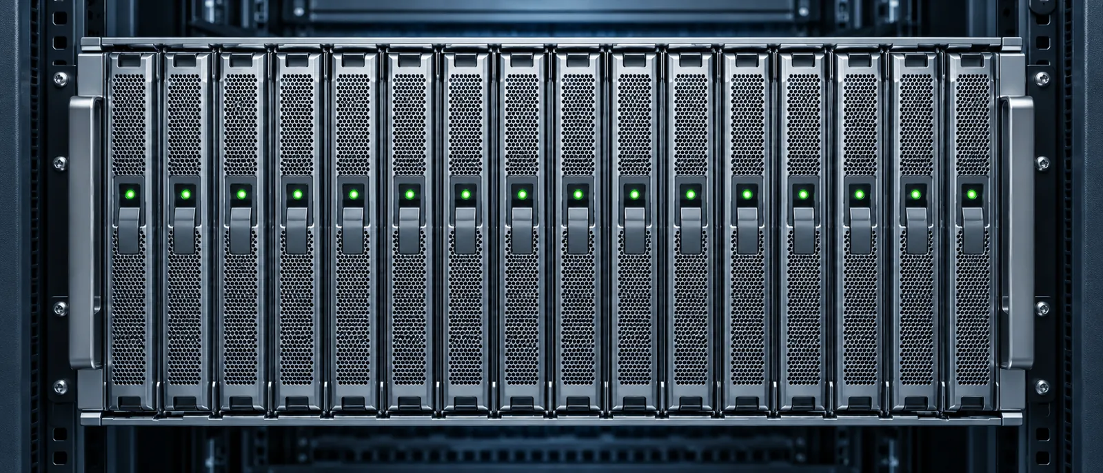 Uno chassis blade in un rack: sedici server blade affiancati, ciascuno con una spia di stato verde