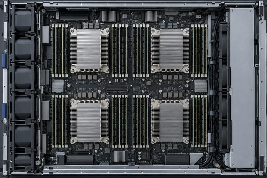 Una scheda server a quattro processori vista dall'alto: quattro dissipatori circondati da memoria